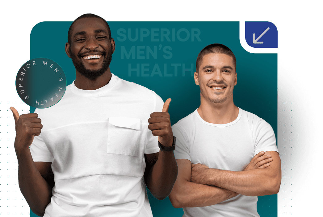 Two confident men looking healthy, one giving a thumbs up.