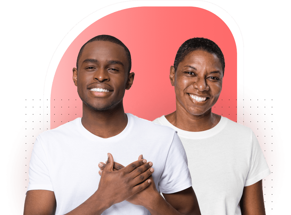 Man and woman holding their hands over their chest to form a heart shape.